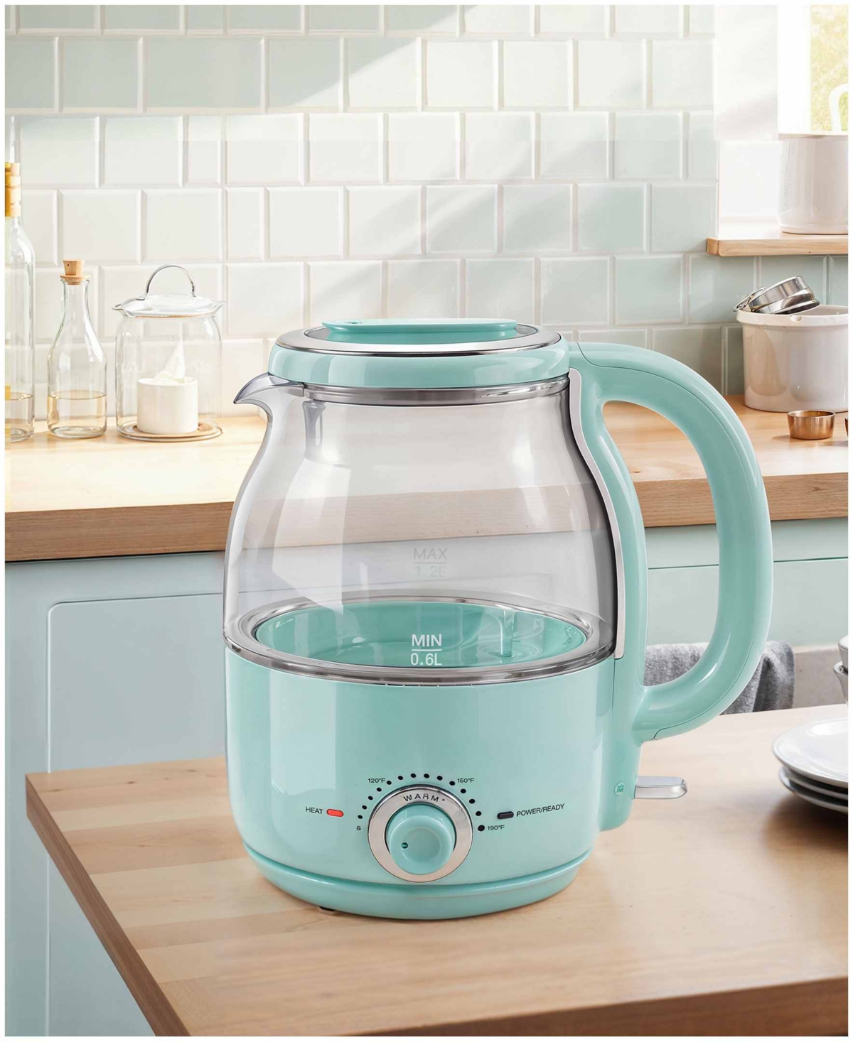 Elite Cuisine 1.25 Quart Adjustable Temperature Electric Honeypot Glass Kettle With Keep Warm In Mint Green