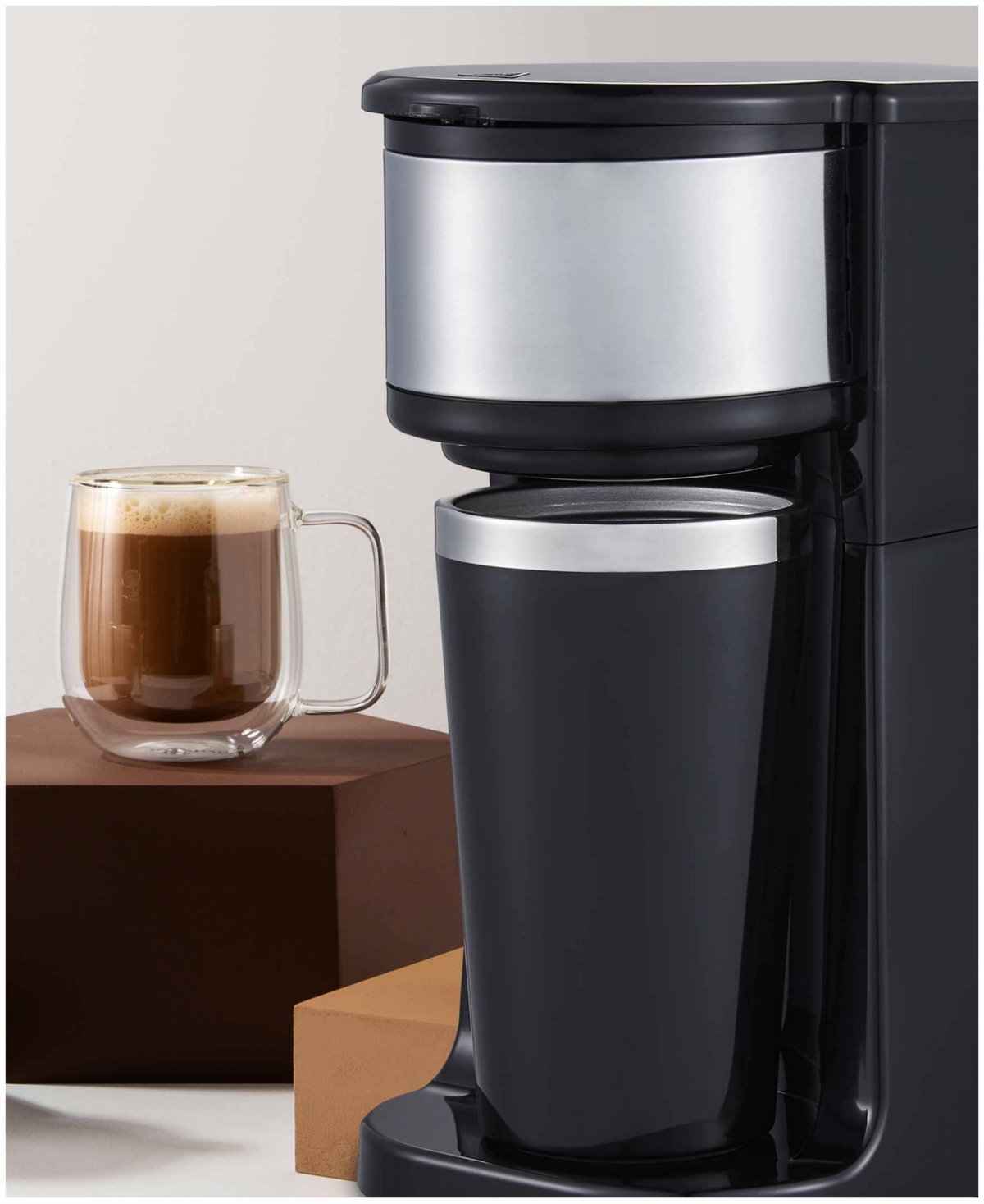Elite Cuisine Personal Coffee Maker With Stainless Steel Interior Travel Mug In Black