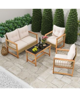 4 Pieces Outdoor Patio PE Wicker Conversation Bistro Set with Acacia Wood Frame