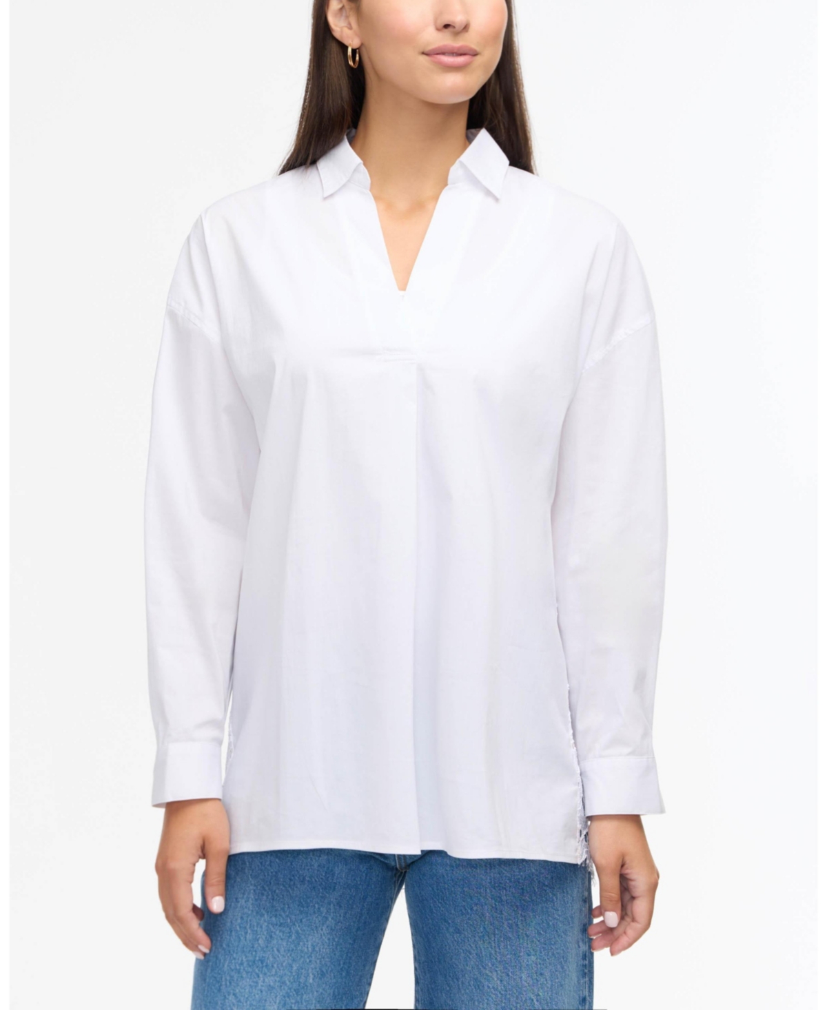Women's Poplin Popover Shirt with Eyelet Sleeves - White