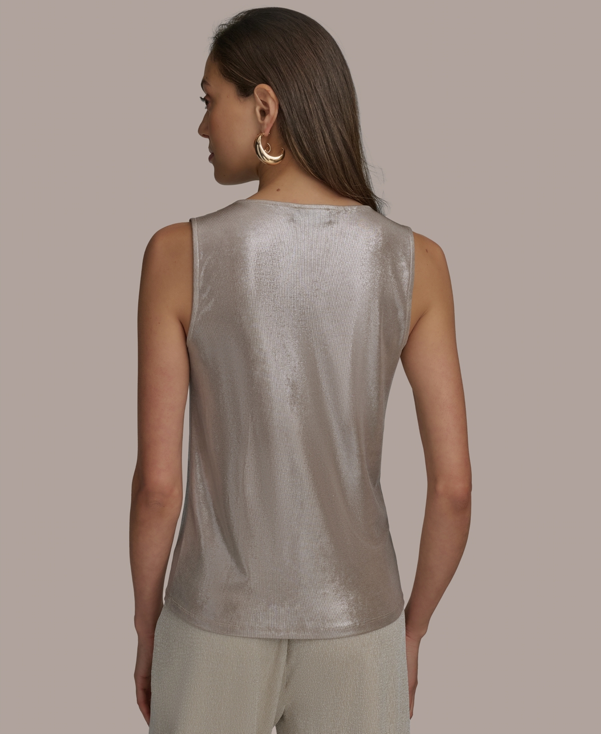 Shop Donna Karan Women's Sleeveless Cowlneck Foil Blouse In Latte,silver