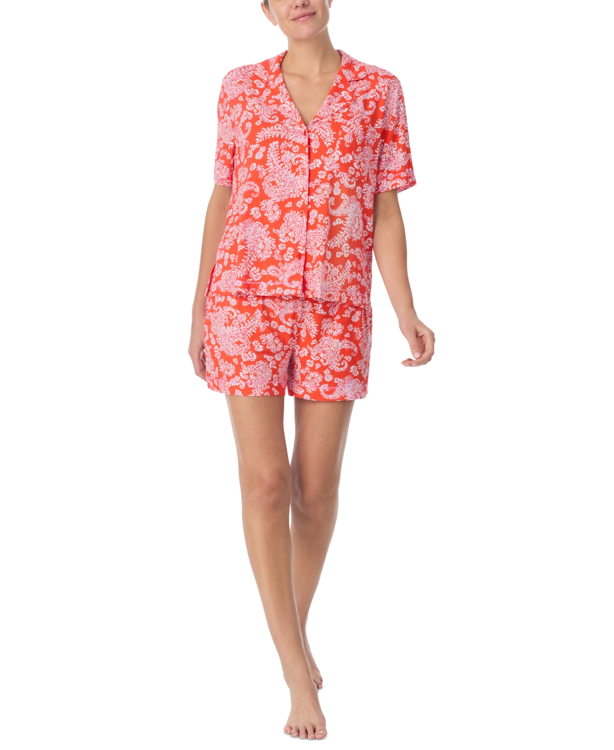 Women's Short-Sleeve Shirt & Boxer Pj Set - Red Paisley