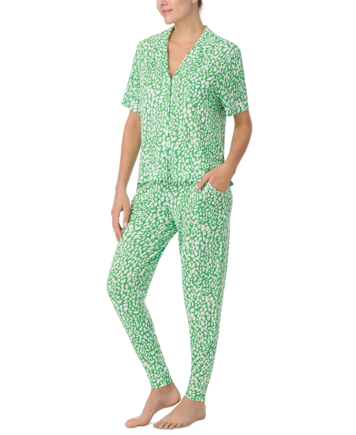 Sanctuary Women's Short-sleeve Shirt & Pants Pj Set In Animal Green Dot