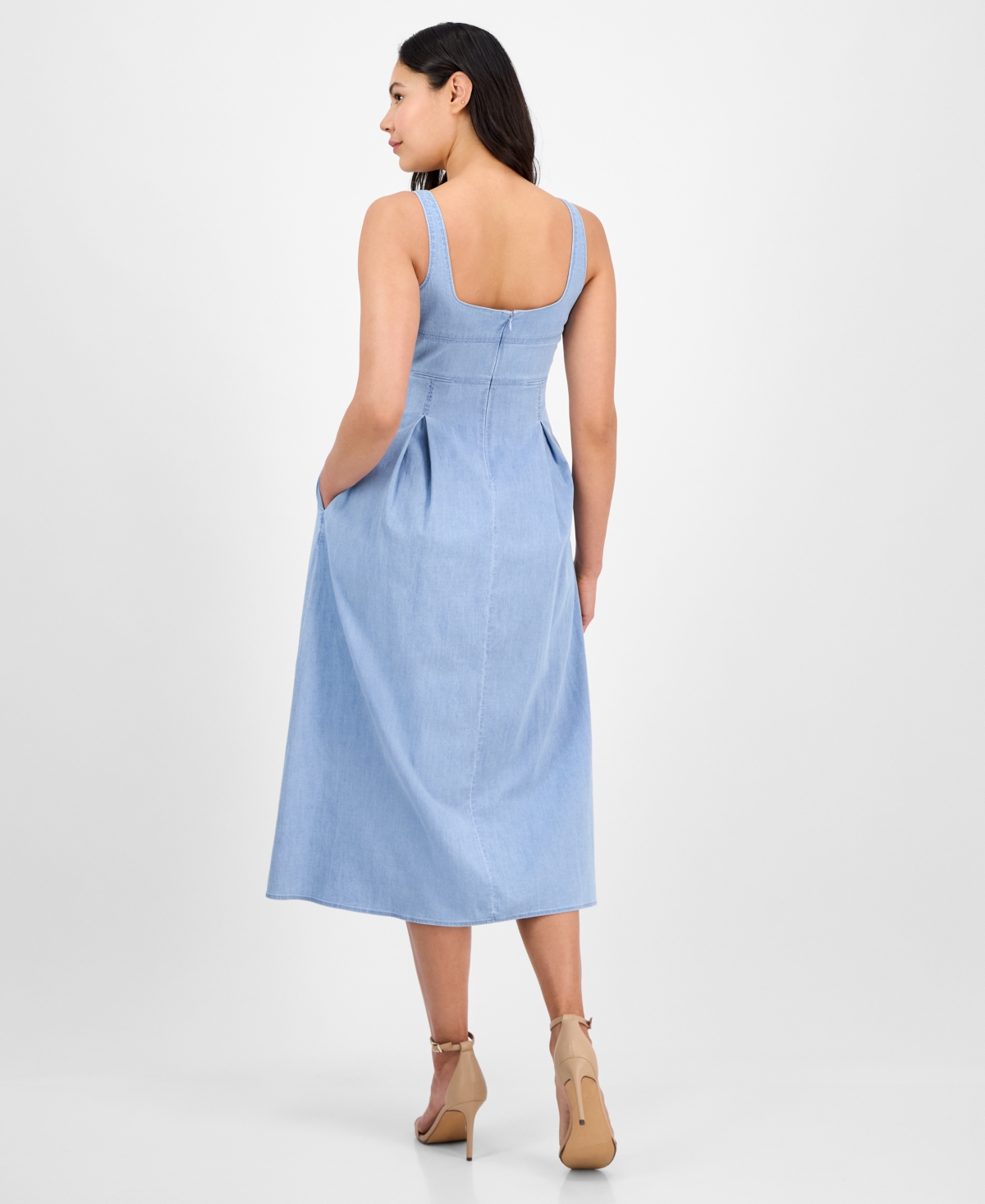 Shop Anne Klein Women's Front-pleated Square-neck Midi Dress In Pale Wash