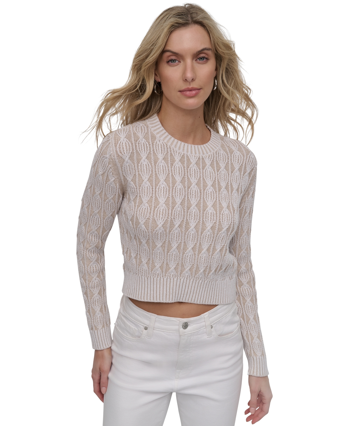 Women's Long-Sleeve Cotton Cable-Knit Crewneck Sweater - WII - WHT/WHT