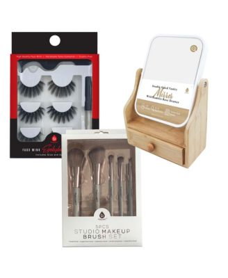 Glamour Essentials Bundle: Studio Makeup Brush Set, False Eyelashes Extensions (3 pairs per pack) and Dual-Sided Vanity Mirror