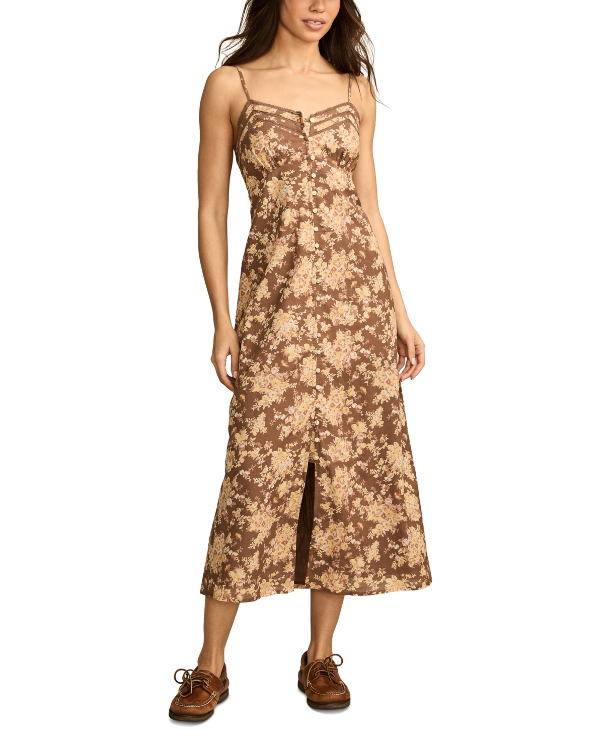 Lucky Brand Floral Lace Trim Button Front Midi Dress In Brown Floral