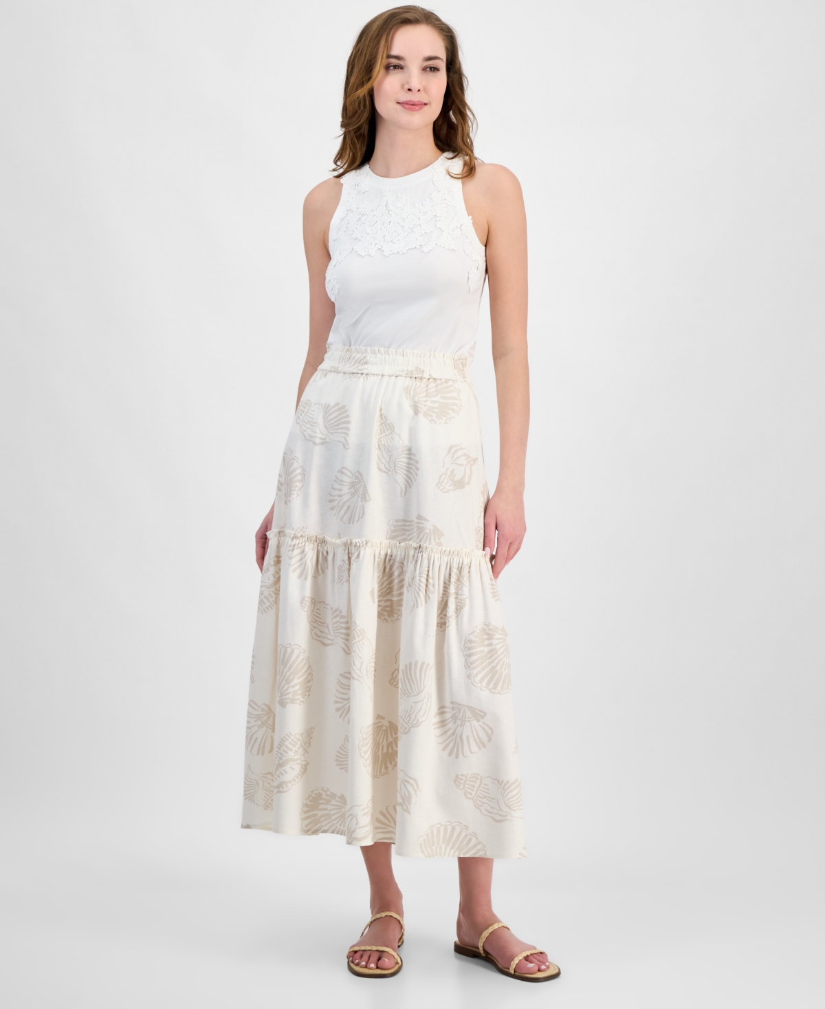 Jones New York Petite Pull-on Tiered Midi Skirt In Jones White,natural Stone