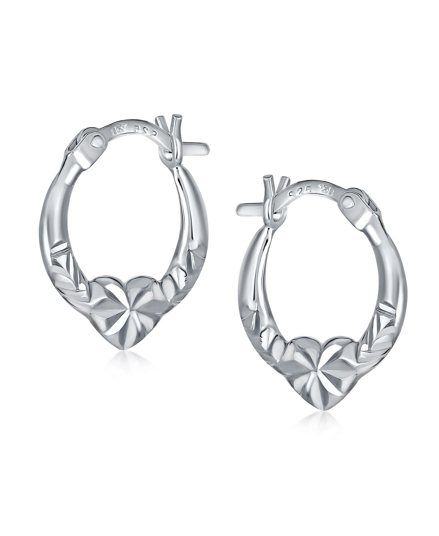 Romantic Sparkling Diamond-Cut Heart Hoop Earrings 925 Sterling Silver .50"