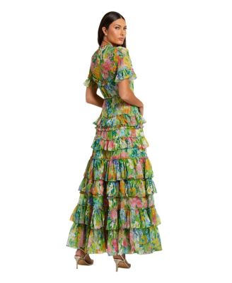 Women's Floral Printed Chiffon Tiered Ruffle Gown