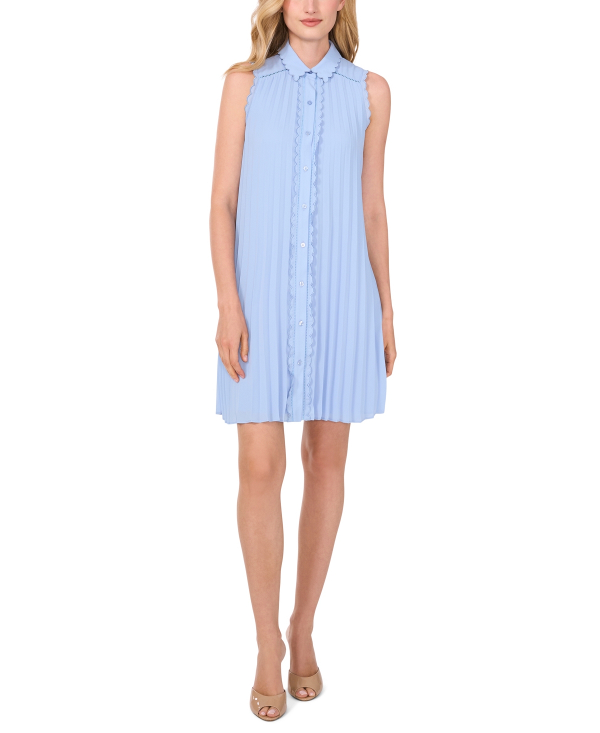 Shop Cece Women's Sleeveless Scalloped Pleated Button-down Dress In Blue Air