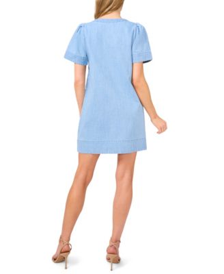 CeCe Women's Short Sleeve Button Front V-Neck Denim Dress