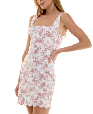 Juniors' Floral Print Scalloped Sleeveless Bodycon Mini Dress