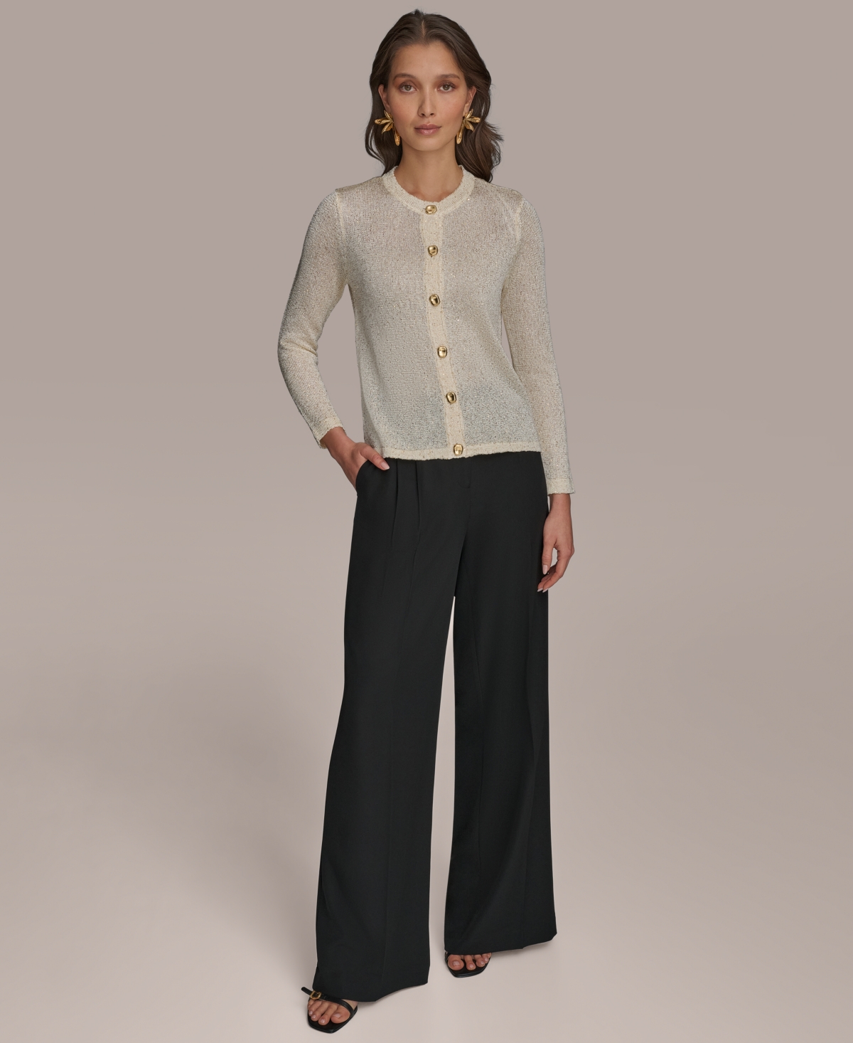 Shop Donna Karan Women's Metallic Cardigan In Cream,gold