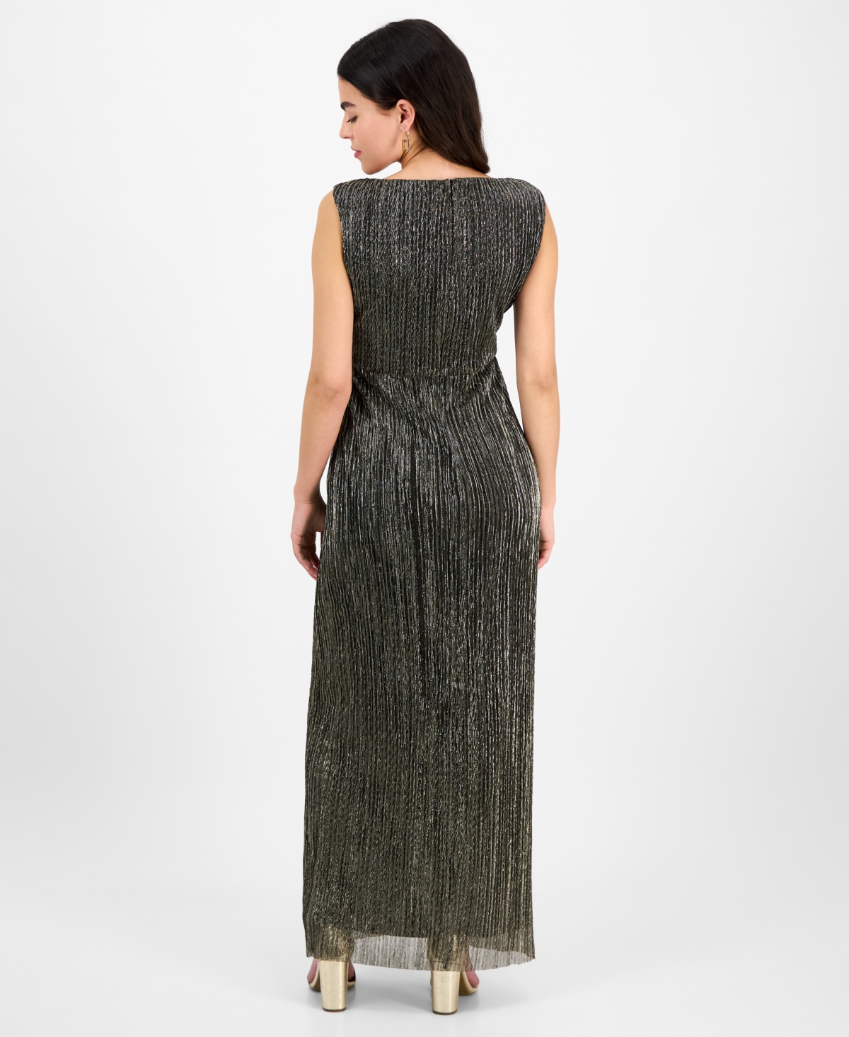 Connected Petite Metallic V-neck Twist-front Gown In Gold
