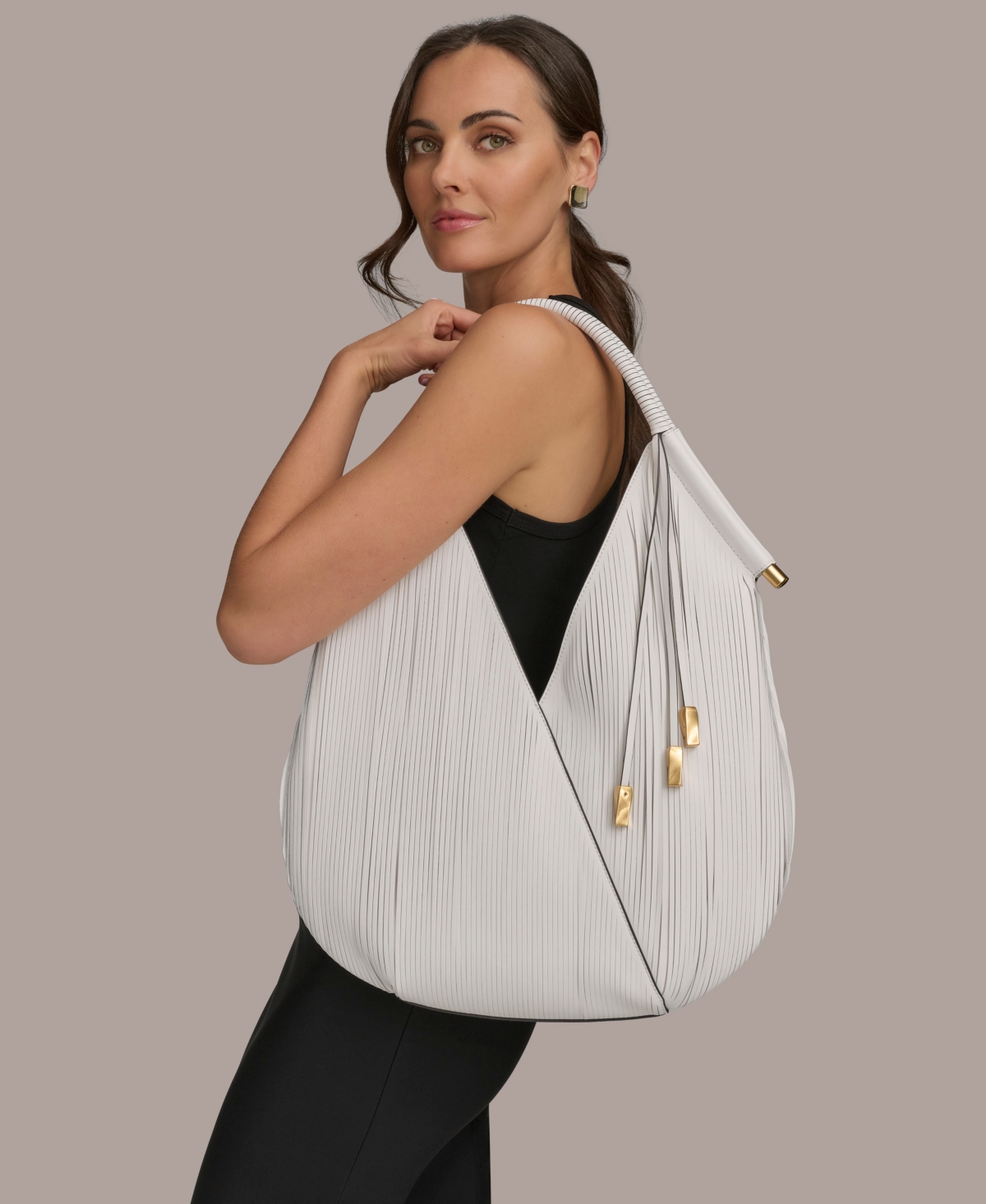 Shop Donna Karan Baldwin Large Laser-cut Shoulder With Leather Wrapped Rounded Handle In Brillant White