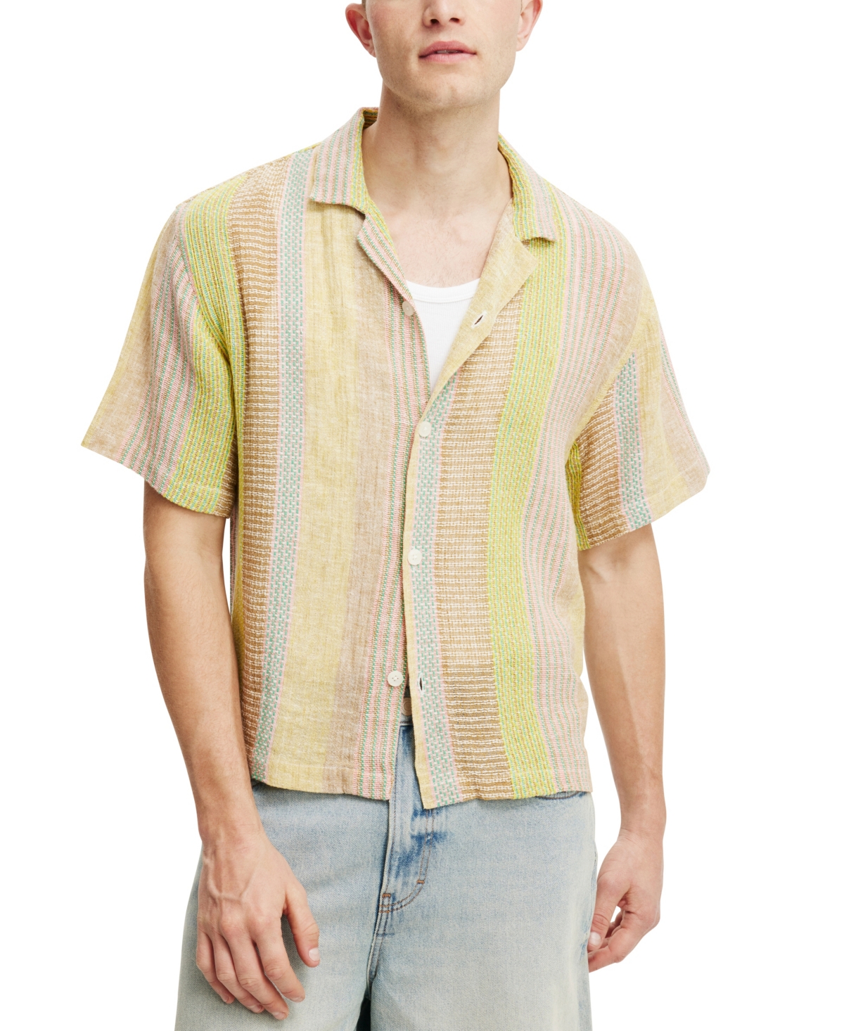 Shop Cotton On Men's Box Fit Short Sleeve Shirt In Yellow Multi Stripe