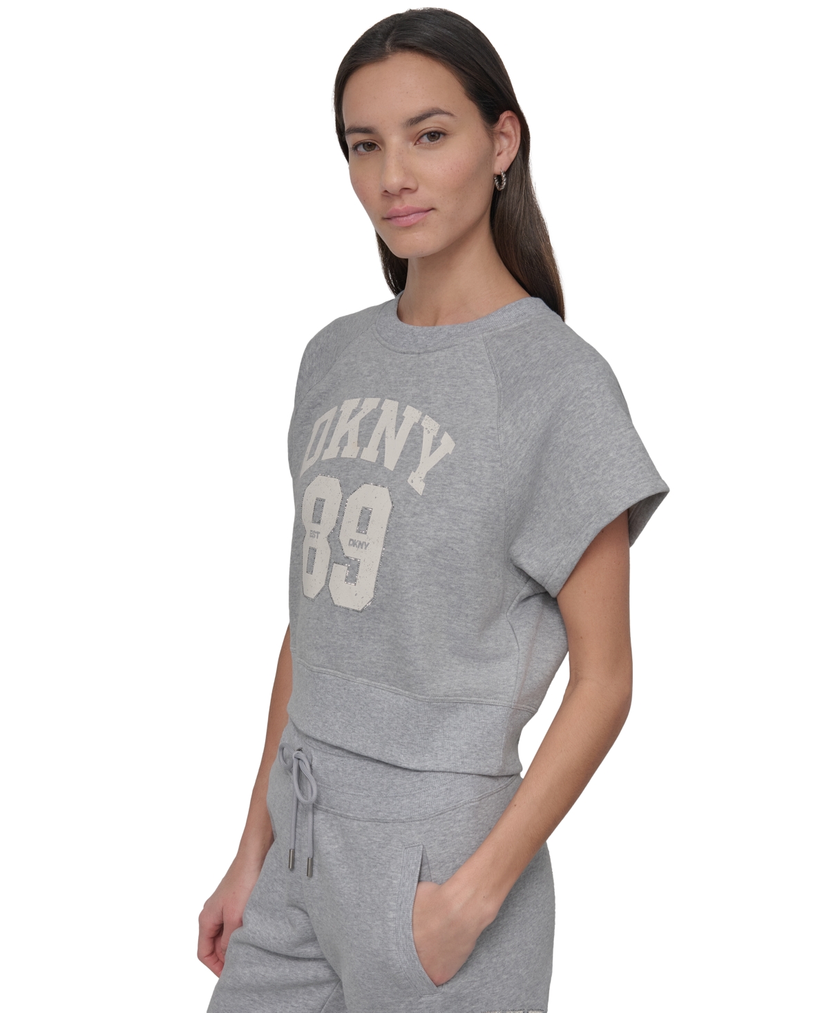 Shop Dkny Sport Women's Rhinestone Logo Cropped Pullover Top In Pearl Grey Heather,eggnog