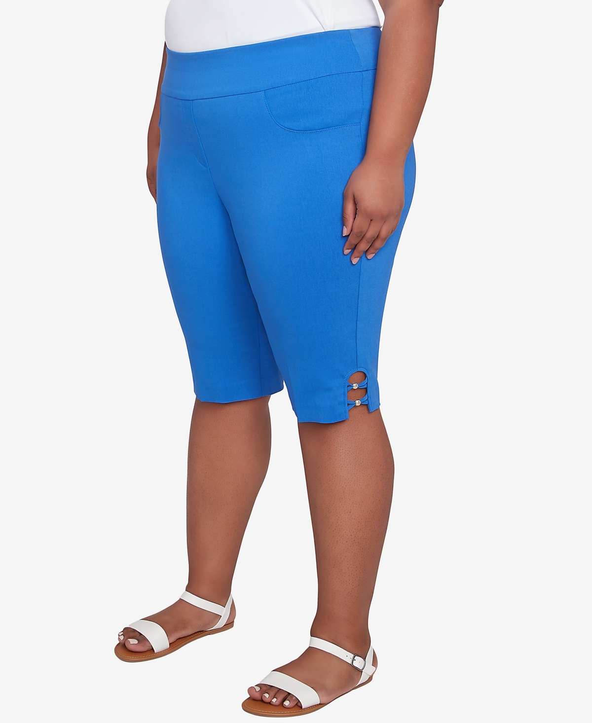Hearts Of Palm Plus Size Making Waves Solid Tech Stretch Pull On Skimmer Pants In French Blue