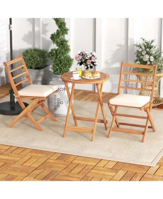 3 PCS Acacia Wood Patio Bistro Set Folding Outdoor Table and Chairs with Cushions