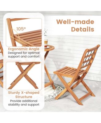 3 PCS Acacia Wood Patio Bistro Set Folding Outdoor Table and Chairs with Cushions