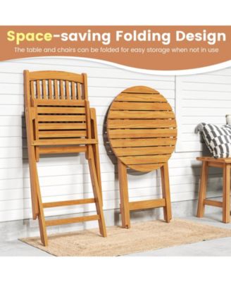 3 PCS Acacia Wood Patio Bistro Set Folding Table & Chairs Set with Cushions