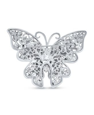 Large Crystal Filigree Butterfly Brooch Pin Fashion Statement Silver Plated Brass