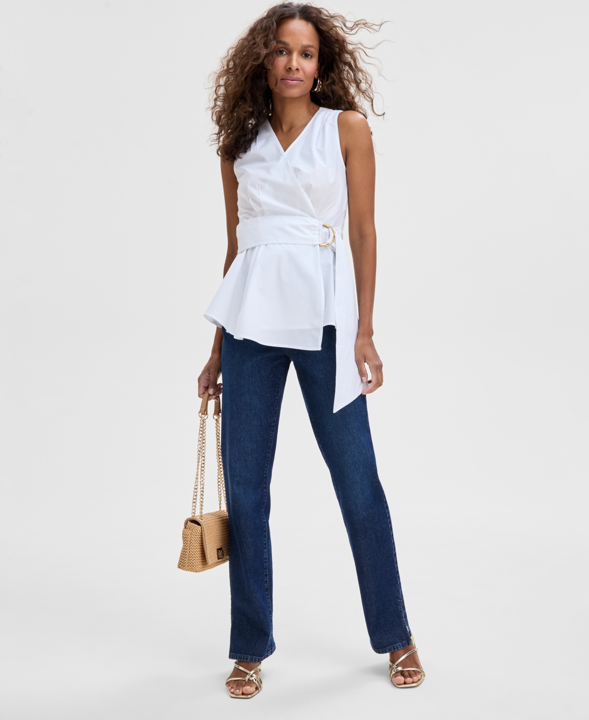 Inc International Concepts Women's Cotton Belted Blouse, Exclusively At Macy's In Bright White
