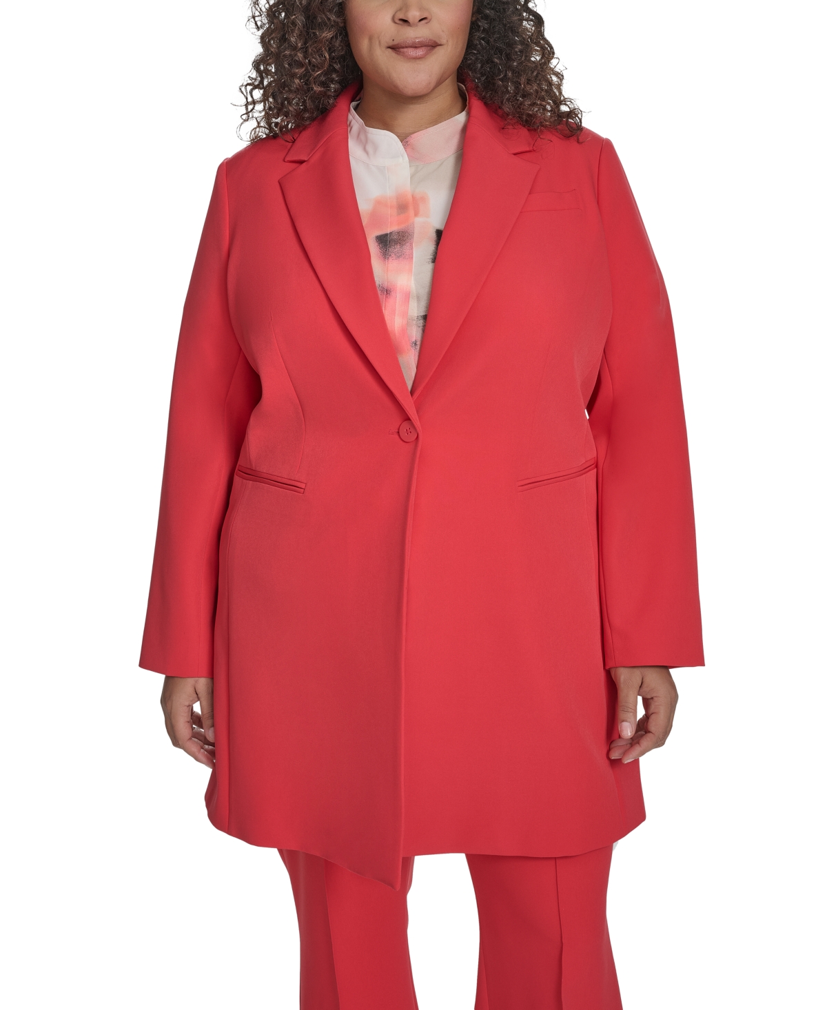 Dkny Plus Size Notch-collar One-button Long Topper In Watermelon Sugar