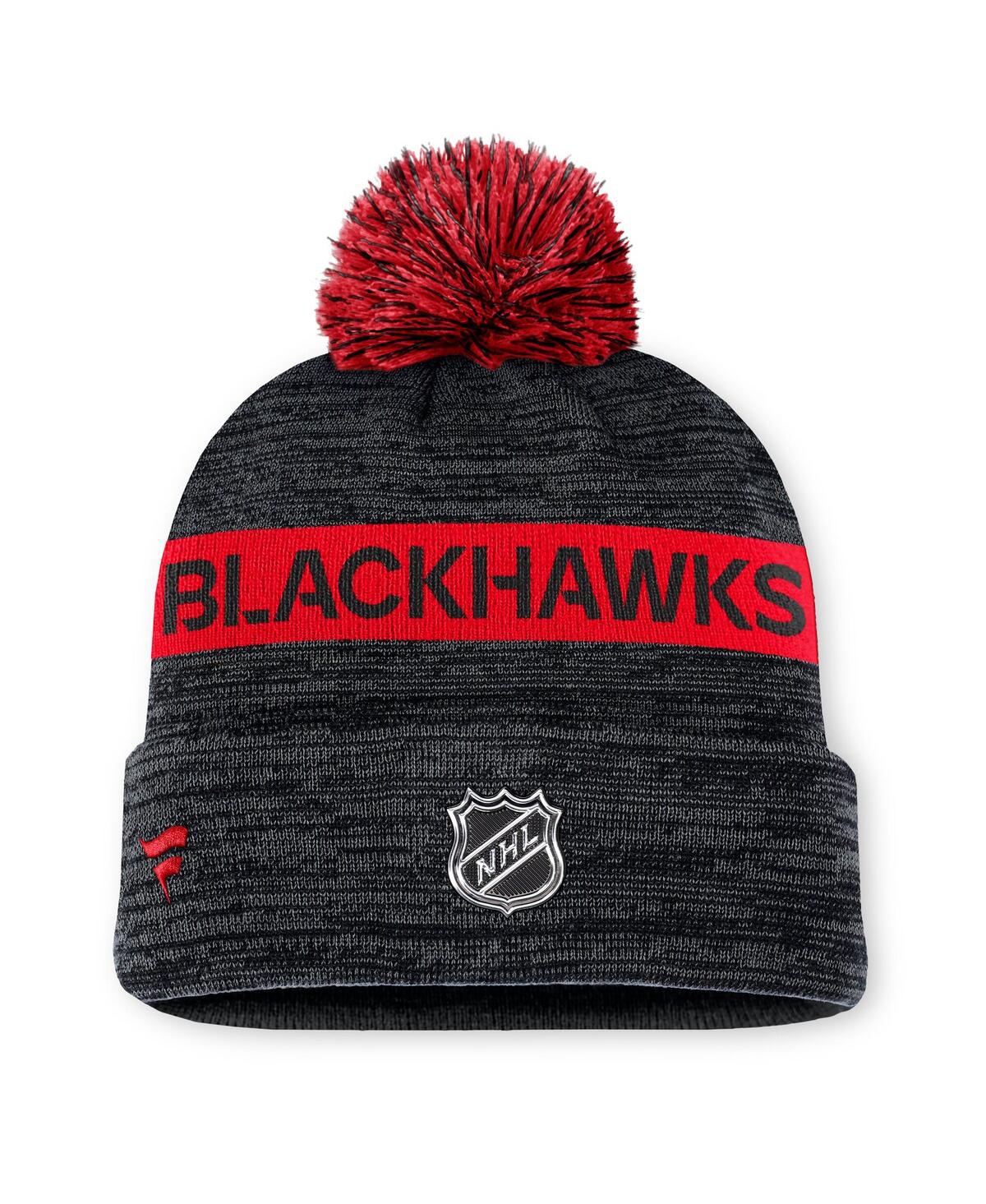 Fanatics Men's Black/red Chicago Blackhawks Authentic Pro Rink Cuffed With Pom Knit Hat In Black,red