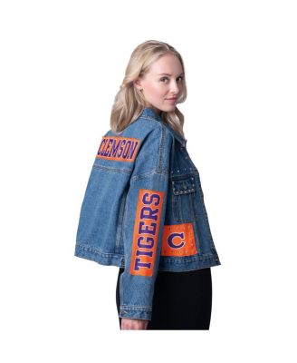 Women's Denim Clemson Tigers Game Ball Patches and Studs Full-Button Jacket
