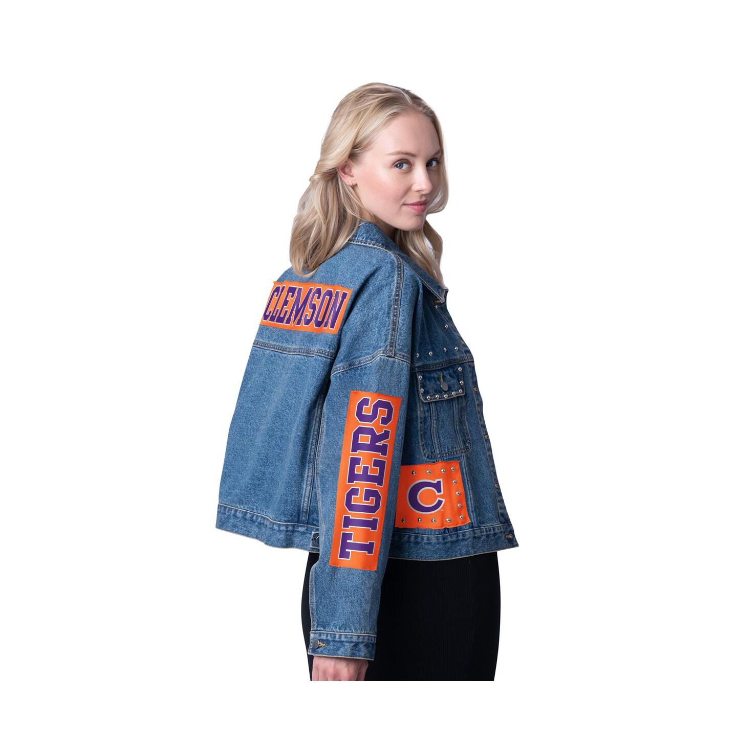 Женская куртка G-III 4Her by Carl Banks Denim Clemson Tigers Game Ball Patches and Studs Full-Button — фото 2