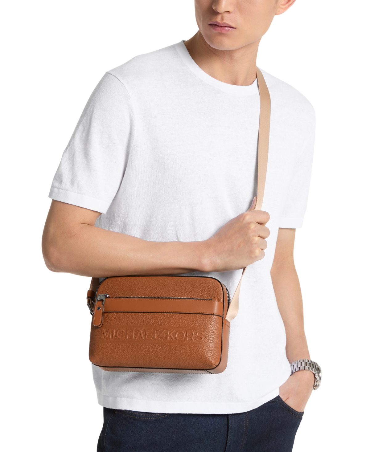 Michael Kors Men's Leather Utility Zip Crossbody Bag In Luggage