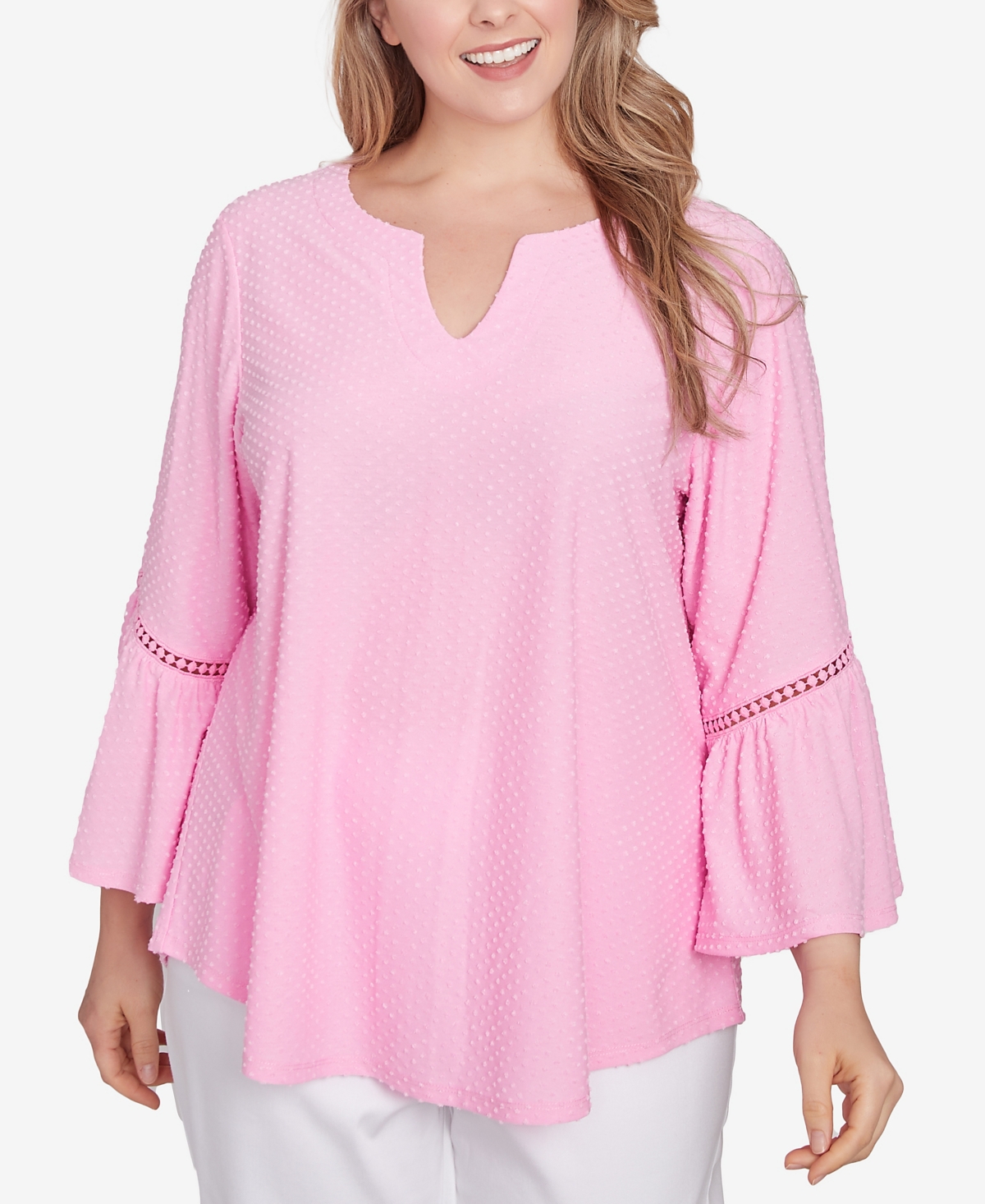 Plus Size Scoop Neck Clip Dot Texture Solid Top - White