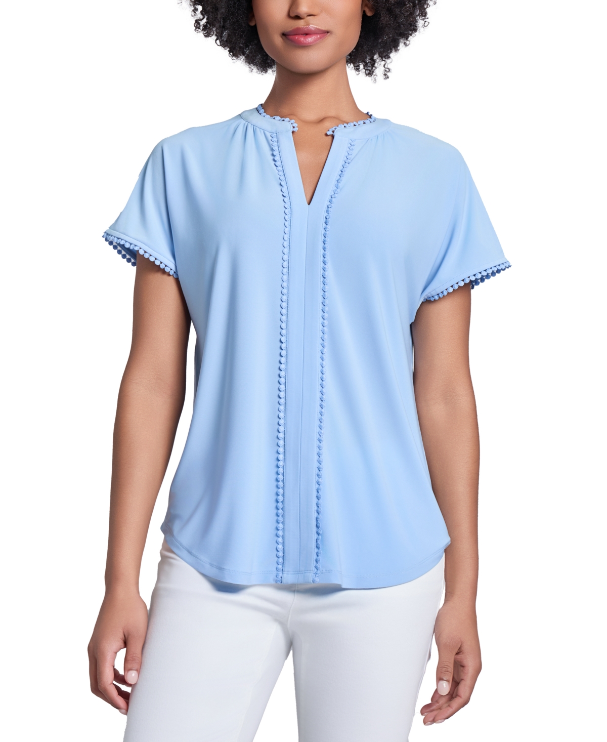 Jones New York Lace Trim Split Neck Top In Chintz Blue