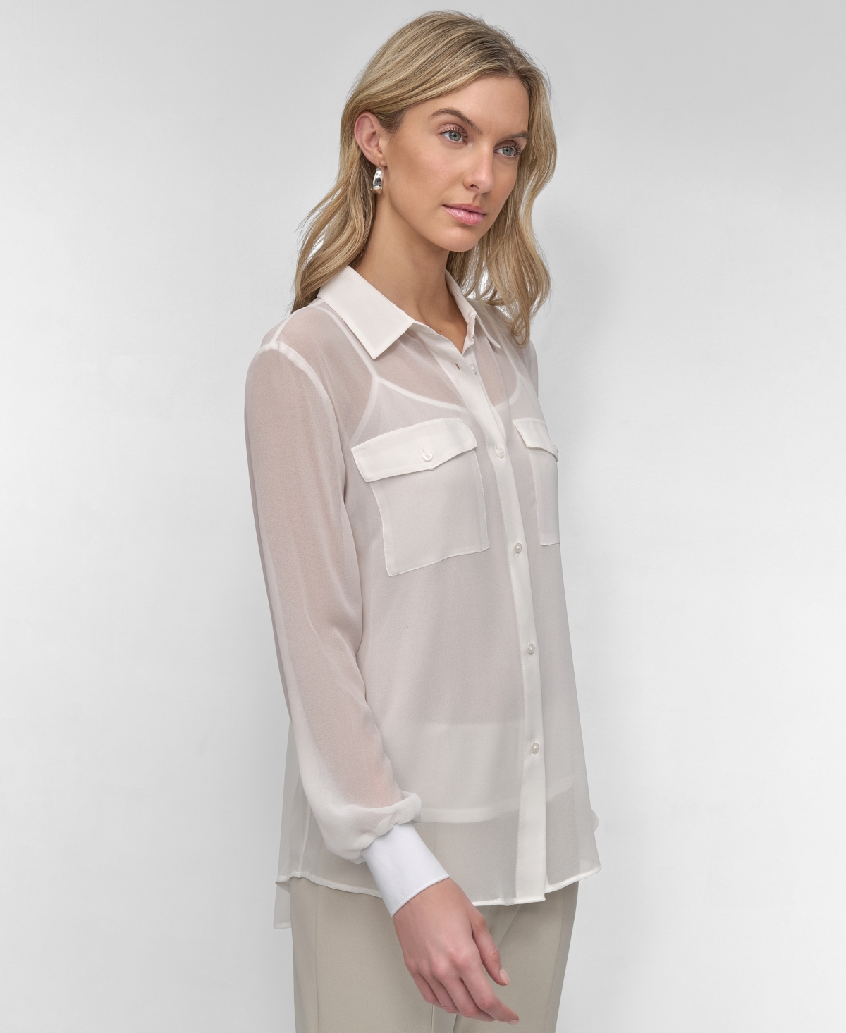 Dkny Women's Blouson-sleeve Tie-hem Button-front Top In Ivory