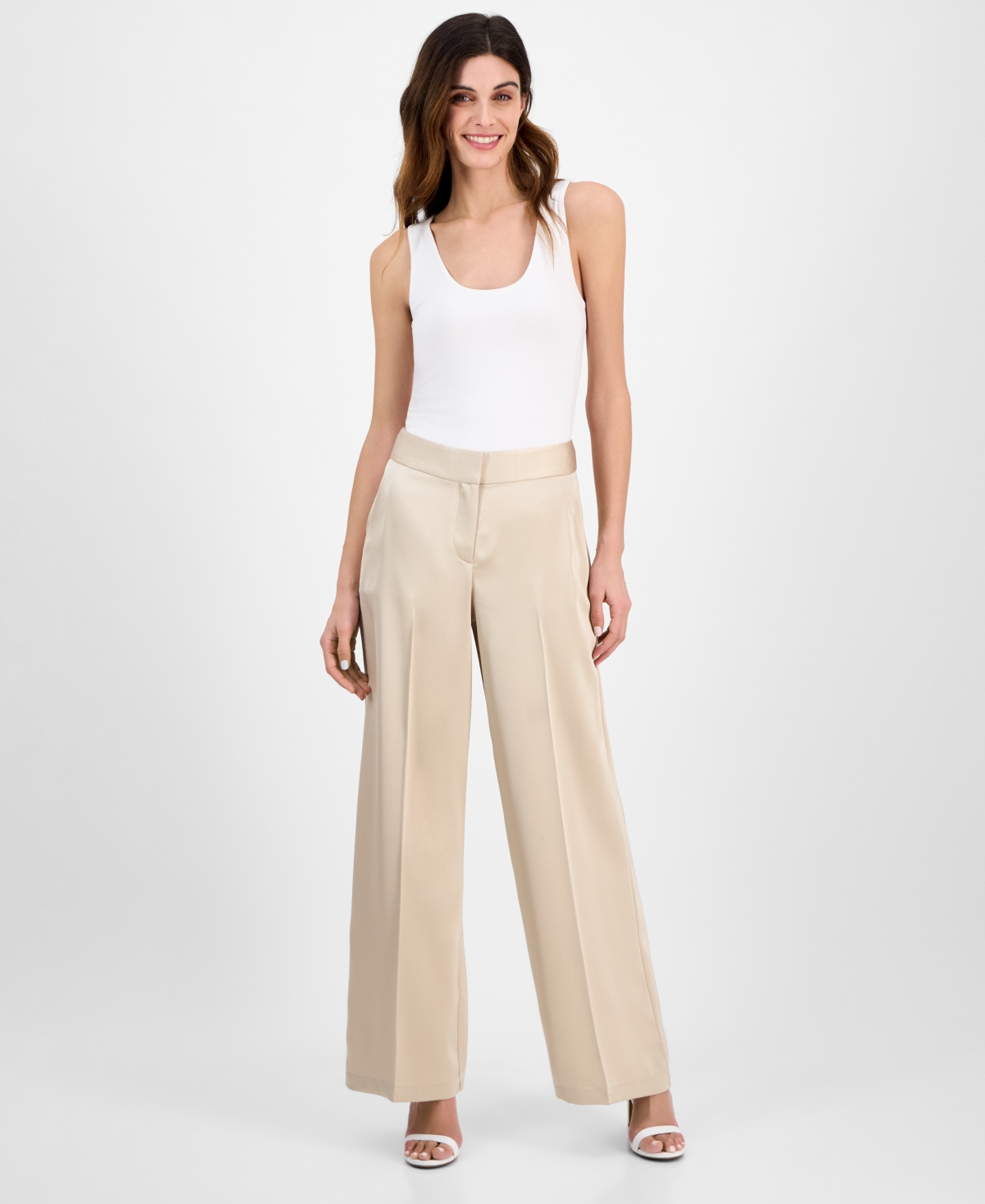 Women's Satin Mid-Rise Wide-Leg Pants - Sand