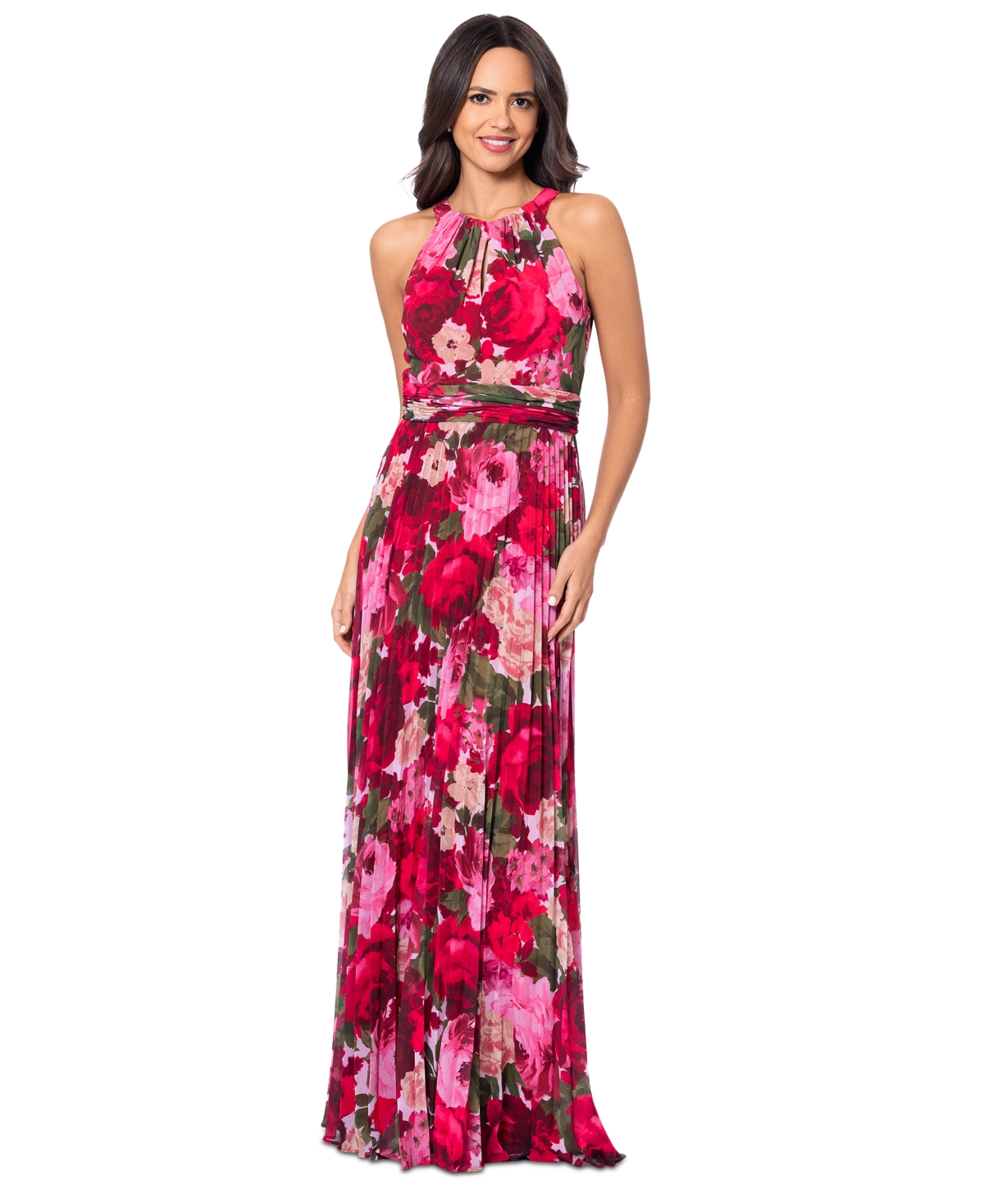 Women's Pleated Floral Chiffon Halter Dress - Red/Olive