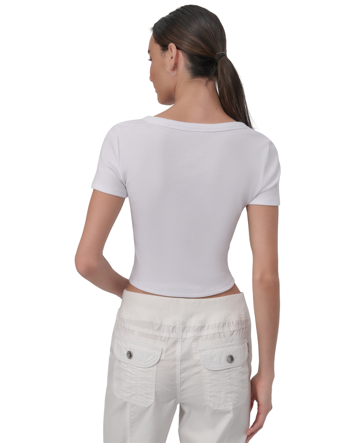 DKNY SPORT WOMEN'S RIBBED NOTCHED-NECK CROPPED T-SHIRT 