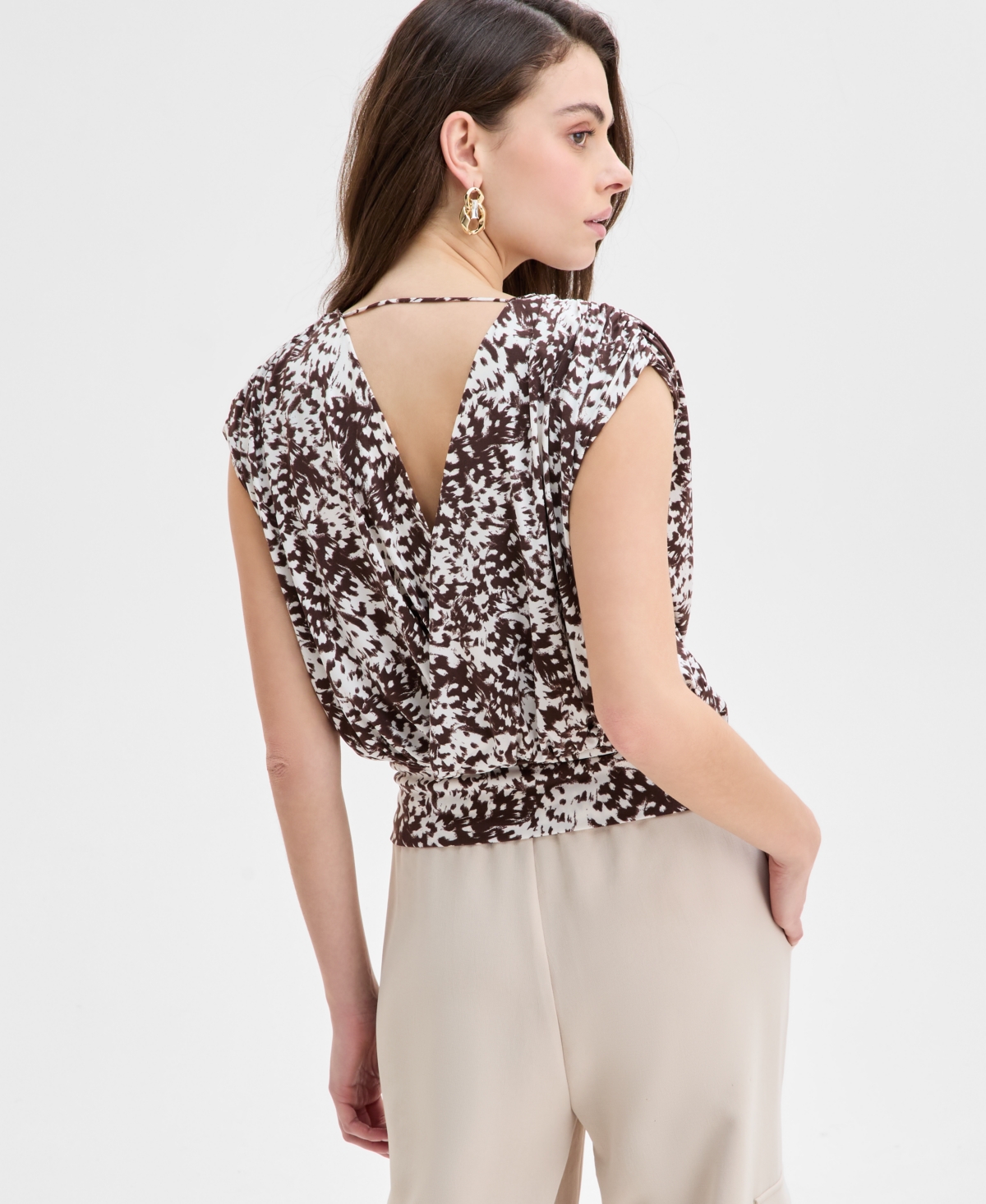 Inc International Concepts Women's Printed Ruched-shoulder Top, Exclusively At Macy's In Petra Tex-