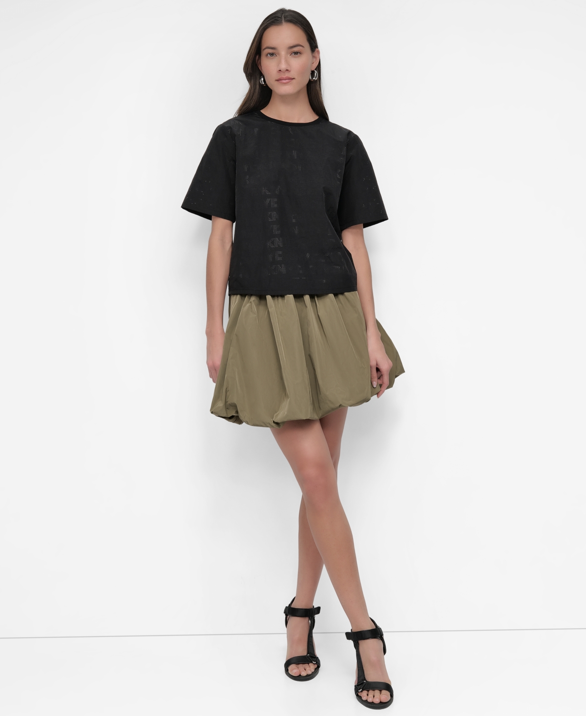 Dkny Peforated Logo Boxy Nylon T-shirt In Black