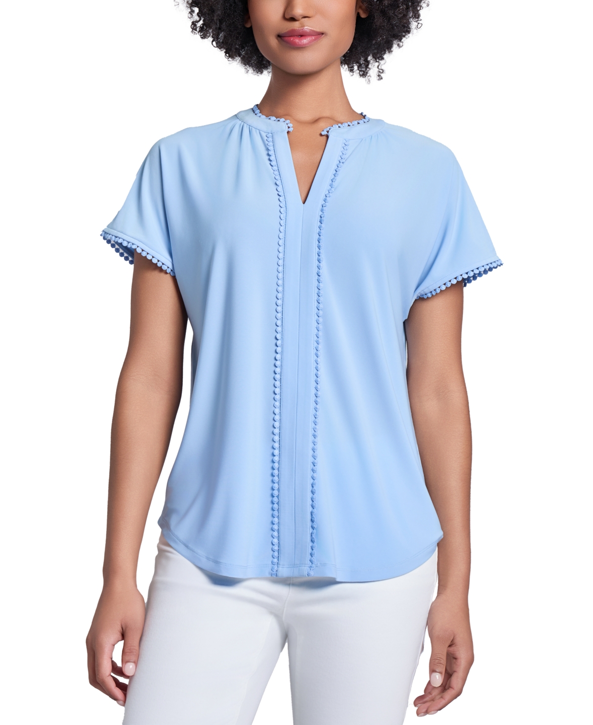 Jones New York Lace Trim Split Neck Top In Chintz Blue