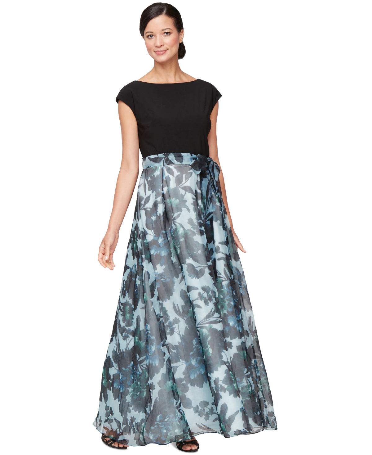 Shop Sl Fashions Petite Floral-print Cap-sleeve Gown In Black Multi