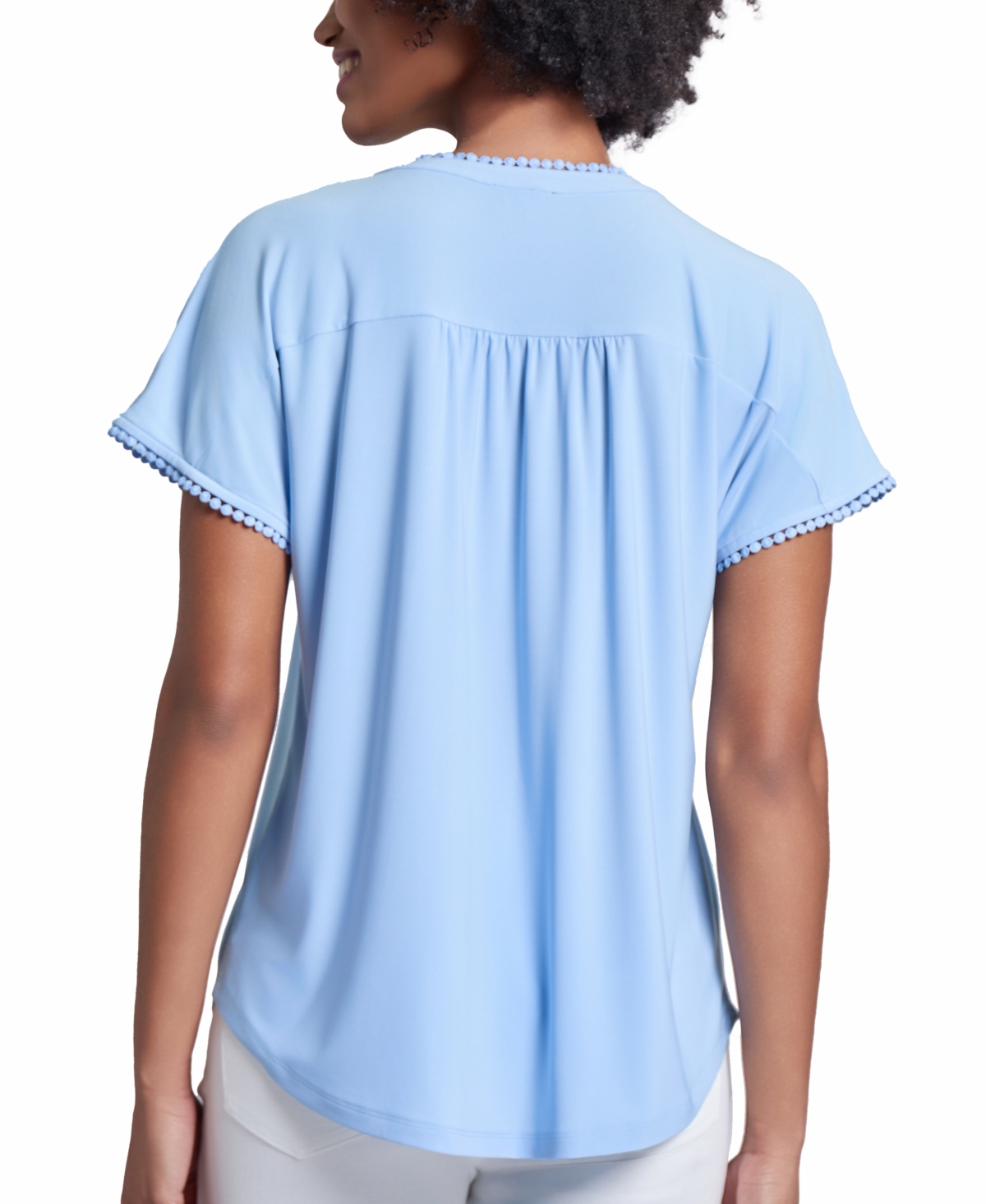 Jones New York Lace Trim Split Neck Top In Chintz Blue