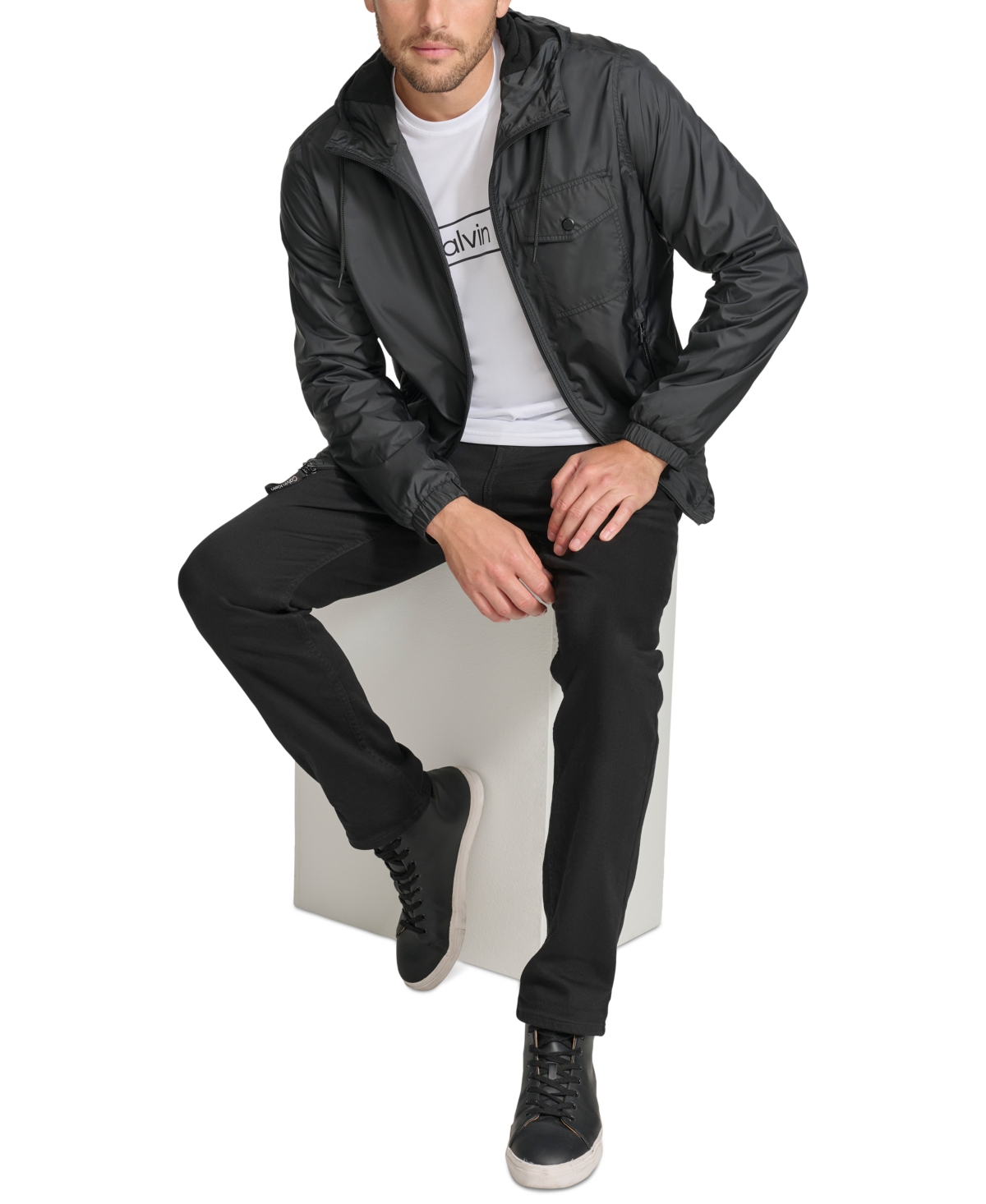 Calvin Klein Men's Polar Fleece Lined Windbreaker In Black