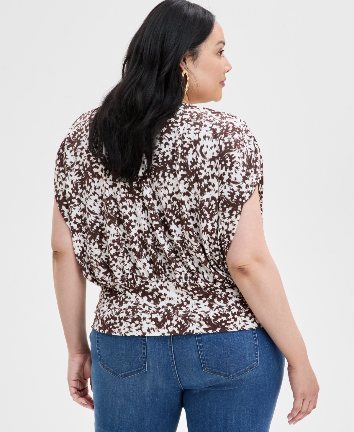 Inc International Concepts Inc Plus Size Printed Ruched Surplice-neck Top, Exclusively At Macy's In Deep Black