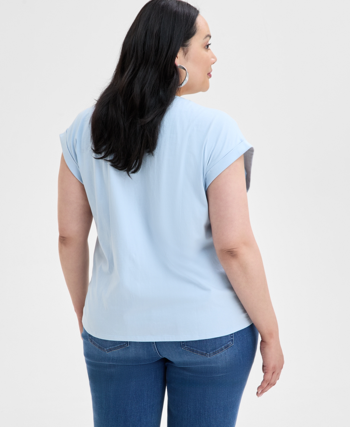 Inc International Concepts Plus Size Embellished-neck Cotton T-shirt, Exclusively At Macy's In Frozen Blue