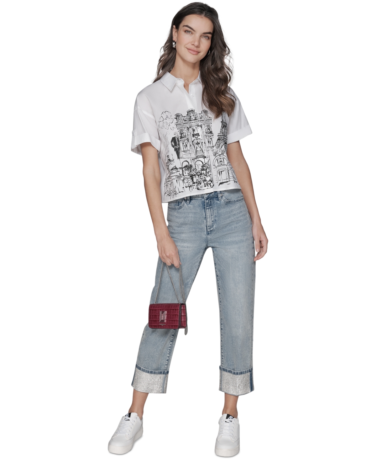Karl Lagerfeld Women's Cotton Crop Paris Scene Button-front Top In White