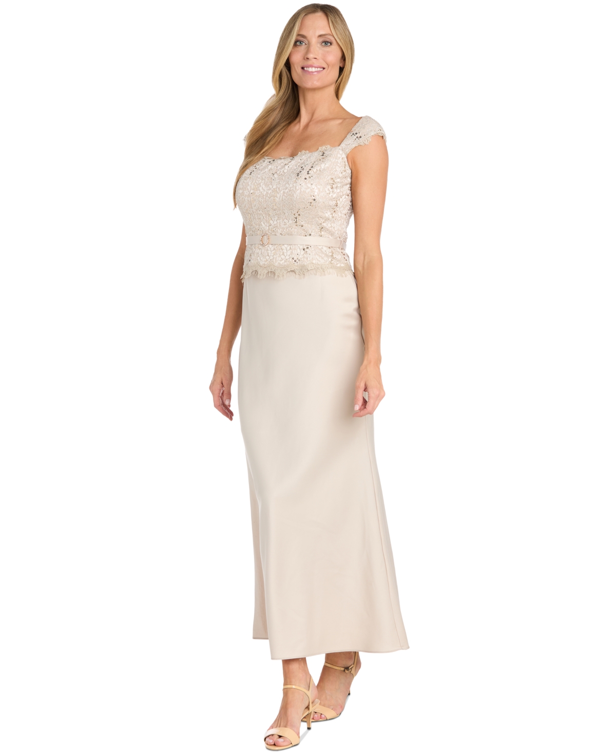 Women's Lace-Bodice Belted Gown - Champagne