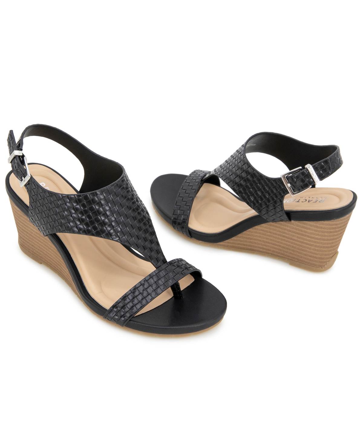 Kenneth Cole Reaction Women's Greatly Thong Almond Toe Wedge Sandals In Black Woven